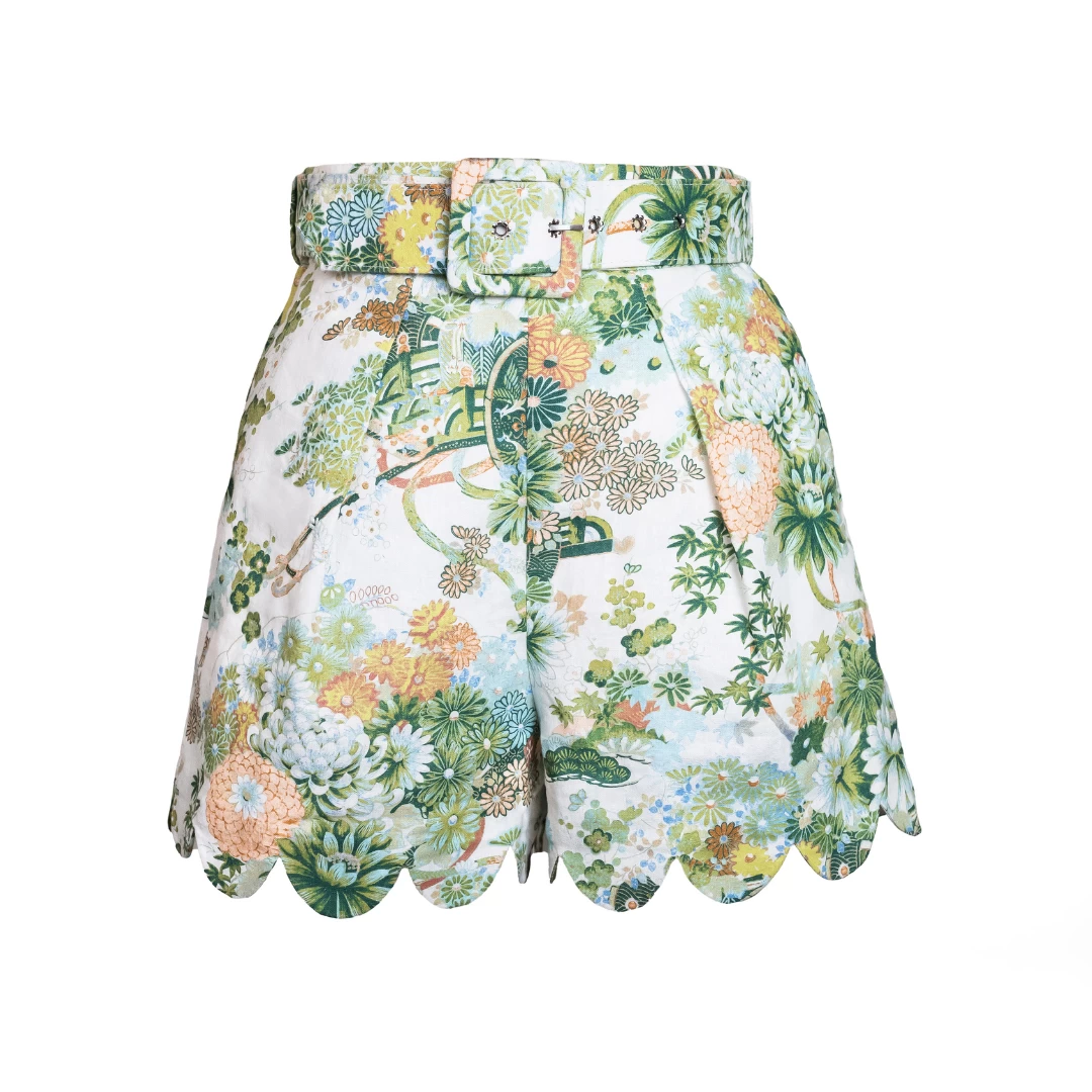 Belted Scallop Shorts, Spring Chinoiserie 1 Belted Scallop Shorts, Spring Chinoiserie