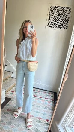 One Shoulder Ruffle Top, Blue And White Striped Seersucker -Fashion Clothing Shop 8407952F 96EA 48E1 BBD1 149405526EC1