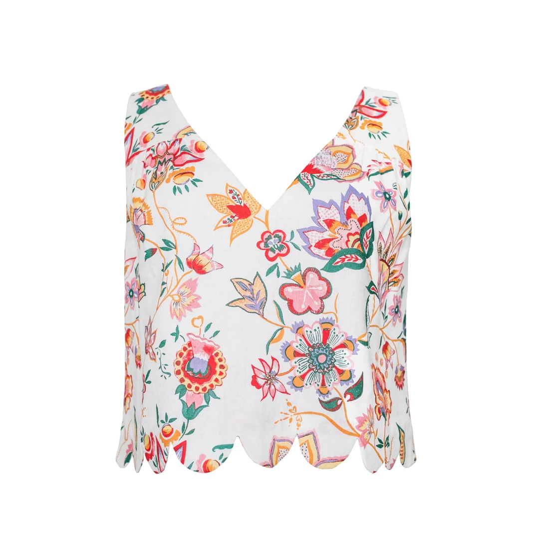 V-Neck Scallop Detail Tank, Jacobean Linen 1 V-Neck Scallop Detail Tank, Jacobean Linen