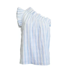 One Shoulder Ruffle Top, Blue And White Striped Seersucker