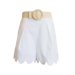 Raffia Belted Scallop Shorts, White Linen