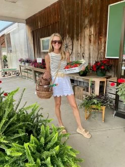 Raffia Belted Scallop Shorts, White Linen -Fashion Clothing Shop IMG 1416